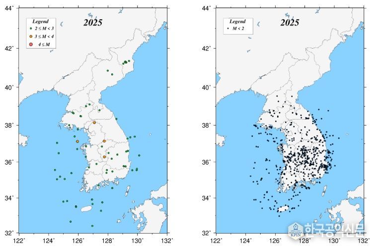 2025년 지진 발생 분포도(왼쪽: 규모 2.0 이상, 오른쪽: 규모 2.0 미만)
